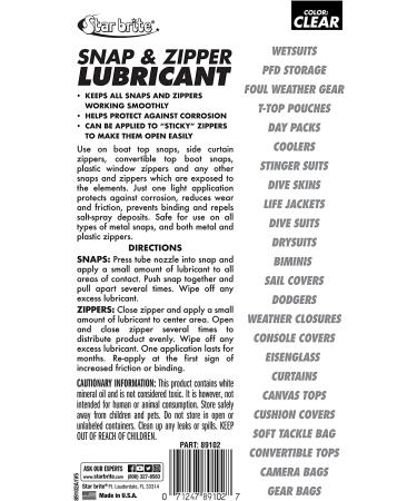 STAR BRITE Snap & Zipper Lubricant - Clear  Non-staining for Clothes  Jeep Tops  Wetsuits  Dive Suits  Gear Bags  Coolers  Biminis  Cushion Covers & More 1.75 OZ (089102) - Buy Online on GoSupps.com