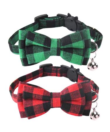 Malier 2 Pack Christmas Cat Collar Breakaway with Bell and Cute Bow Tie, Classic Buffalo Red Green Plaid with Cat Bow Tie Kitten Collar for Cats Kitty Kitten Red + Green