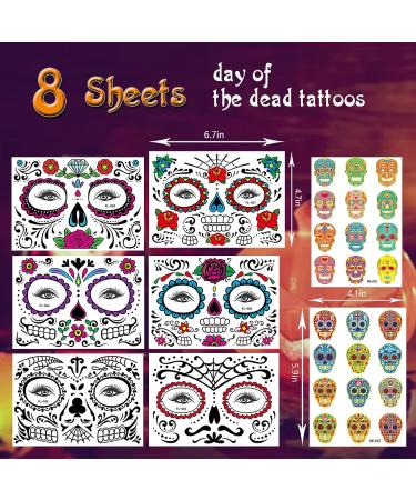 Day of the Dead Face Skeleton Tattoos - 30 PCS Halloween Temporary Tattoo Sugar Skull Makeup Kit for Women Men Kids Costumes - Buy Online on GoSupps.com