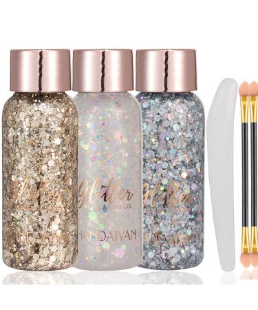 Face Glitter Gel  3 Jars Holographic Chunky Glitter Makeup for Body  Hair  Face  Nail  Eyeshadow  Long Lasting and Waterproof Mermaid Sequins Shimmer Liquid Glitter (Set C)