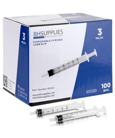 BH Supplies 3ml Luer Slip Tip Syringe - (No Needle) - Sterile Individually Wrapped - 100 Syringes 3 mL - Luer Slip 100.0
