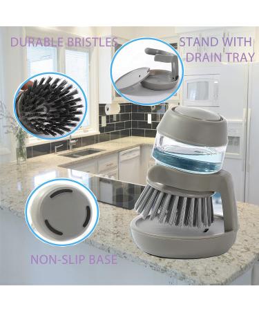 Soap Dispensing Palm Scrub Brush with Drip Tray Dish Washing Brush for Dishes Pots Pans Sink CleaningMini Scrub Brush with Stand Kitchen Scrubber Storage Stand Set (Gray) - Buy Online on GoSupps.com