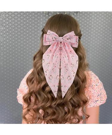 Andibro Pink French Bow Hair Clip Flower Pattern Ribbon Bow Hairpins Long Tail Big Bow Barrettes Soft Silky Satin Hairclips 90's Aesthetic Hair Accessories Decor with Metal Clip for Women - Buy Online on GoSupps.com
