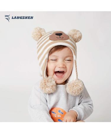LANGZHEN Toddler Winter Hat Earflap Knit Cap Fleece Lined Beanie for Baby Boys Girls 6-12 Months - Beige Stripe - Buy Online on GoSupps.com