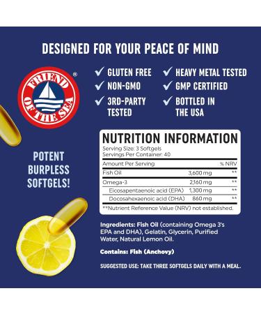 Omega-3 Fish Oil 3600mg Lemon Softgels | EPA & DHA for Brain, Heart, Joints, Skin & Immune Support | Non-GMO Burpless Supplements - 120 Count - Buy Online on GoSupps.com