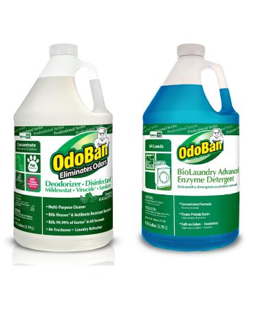 OdoBan Professional Cleaning and Odor Control Solutions, 1 Gal Eucalyptus Odor Eliminator Disinfectant and 1 Gal BioLaundry Advanced Enzyme Detergent 2 Pack Eucalyptus + Biolaundry