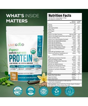 LIVEGOOD Complete Plant Based Protein Powder with Organic Pea Protein and Essential Amino Acids for Muscle Support Recovery Energy and Daily Nutrition Vanilla Protein Supplement (30 Servings) - Buy Online on GoSupps.com