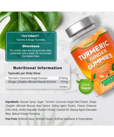 Turmeric Gummies with Ginger | High Strength Turmeric Curcumin Supplement | 60 Vegan Gummies in Natural Orange Flavour | Tablet Alternative | by Horbaach - Buy Online on GoSupps.com