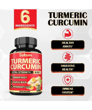 Satoomi 6in1 Turmeric Curcumin Supplement - 3 Month Supply - 95% Curcuminoids with Ginger Root, Garlic Bulb, Rosemary & Black Pepper - 90 Capsules - Buy Online on GoSupps.com