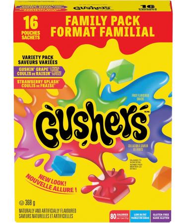 BETTY CROCKER GUSHERS - FAMILY PACK SIZE - Gushin Grape and Tropical Flavours Strawberry Splash Fruit Flavoured Snacks Pack of 16 Pouches 368 Grams Package of Fruit Flavoured Snacks Variety Flavours Pack Fruit Snacks - Buy Online on GoSupps.com