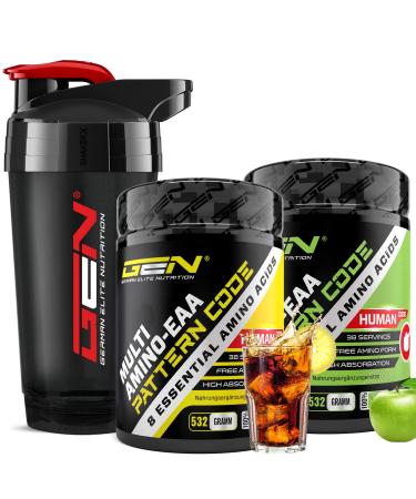 2x EAA powder + Premium Shaker - Cola cit and green Apple Apple - Human Code Formula - All 8 essential amino acids - Amino workout drink - Delicious taste - vegan (2x - 532 g) Shaker + Cola lemon + green Apple 532 g (2 Pack) +shaker