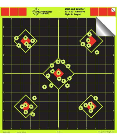Splatterburst Targets - 12 x 12 inch Sight in Stick & Splatter Self Adhesive Shooting Targets - Shots Burst Bright Fluorescent Yellow - Great for All Firearms, Airsoft & Pellet Guns - Made in USA 50 PACK