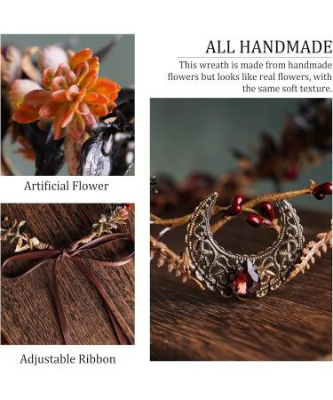 MOSTORY Handmade Moon Flower Crown Headpiece Burgundy Floral Elf Circlet Woodland Forest Headband for Witch Devil Queen Carnival Renaissance Fest Halloween Cosplay Prom Wedding Red - Buy Online on GoSupps.com