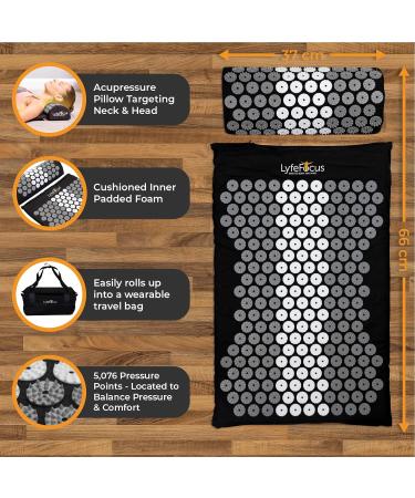 LyfeFocus Acupressure Mat & Pillow Set with Travel Bag - Black & Grey/White - Pain Relief for Back, Neck & Shoulders - Muscle Tension & Stress Relief - Buy Online on GoSupps.com