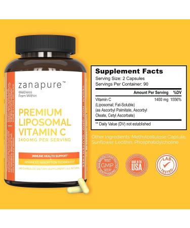 Zanapure Premium Liposomal Vitamin C Capsules - 1400mg | High Absorption & Bioavailability | 180 Capsules | Made in USA - Buy Online on GoSupps.com