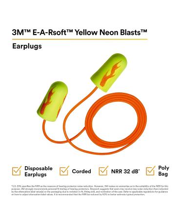 3M Ear Plugs 200/Box E-A-Rsoft Yellow Neon Blasts 311-1252 Corded Disposable Foam NRR 33 for Drilling Grinding Machining Sawing Sanding Welding - 1/Poly Bag - Buy Online on GoSupps.com