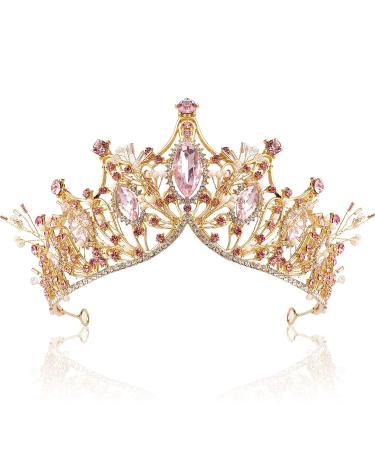 AOPRIE Hera's Light Tiaras and Crowns for Women Gold Pink Girls Crystal Hair Accessories for Wedding Prom Bridal Birthday Party Halloween Costume Christmas Gifts Leaves Princess Tiara for Little Girls
