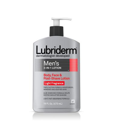 Lubriderm Men's 3-In-1 Lotion Enriched with Soothing Aloe for Body and Face Non-Greasy Post Shave Moisturizer with Light Fragrance 16 fl. oz Light Fragrance 16 Fl Oz (Pack of 1)