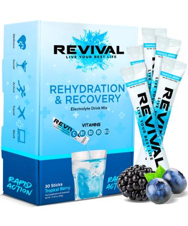 Revival Rapid Rehydration Electrolytes Powder - High Strength Vitamin C B1 B3 B5 B12 Supplement Sachet Drink Effervescent Electrolyte Hydration Tablets - 30 Pack Tropical Berry 30 Servings (Pack of 1) Tropical & Berry Blast