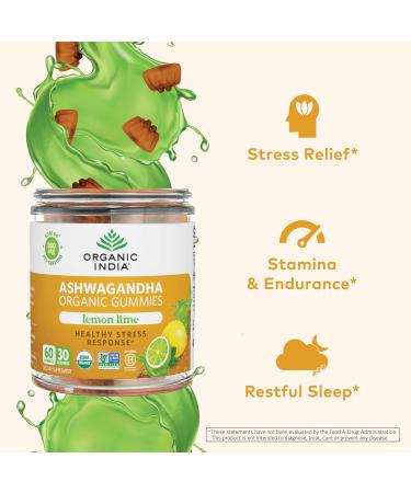 ORGANIC INDIA Ashwagandha Gummies for Men & Women - Stress Supplement KSM-66 Ashwagandha Root Extra Strength Calm Chews Vegan Non-GMO - Lemon Lime 60 Gummies - Buy Online on GoSupps.com