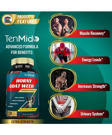 Tenmido Horny Goat Weed Extract Capsules 10000mg & Ginseng Tribulus Ashwagandha Maca Tongkat and More 120caps - Buy Online on GoSupps.com