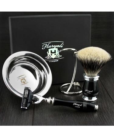4 Pc Men's Shaving Kit - 3 Edge Razor Silver Tip Badger Hair Brush Stand & Stainless Steel Bowl - Perfect Gift Set for Men - Buy Online on GoSupps.com