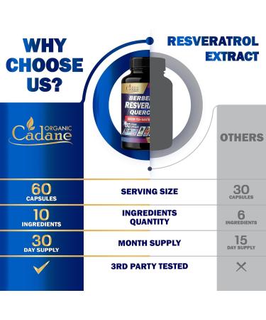 Cadane Resveratrol Supplement - 10in1 Plus with Quercetin Berberine Green Tea Grape Seed Hawthorn Berry Turmeric Rhodiola Rosea Ginkgo Biloba and Black Pepper - 60 Capsules - Buy Online on GoSupps.com