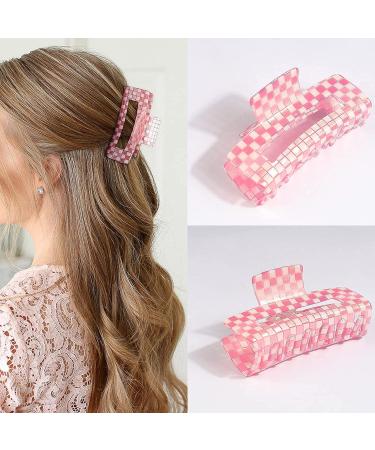 Checkered Hair Clips Set - Large Claw Clips for Thick Hair - Y2K Rectangle Claw Clip Duo - 90s Pink + Green Checkerboard Design - Buy Online on GoSupps.com