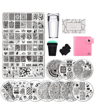 15 pieces nail art stamping nail plate 5 pieces Christmas stamp topic love rectangle flower + 2 pieces stamper + 1 storage bag 15 stamping plates kit