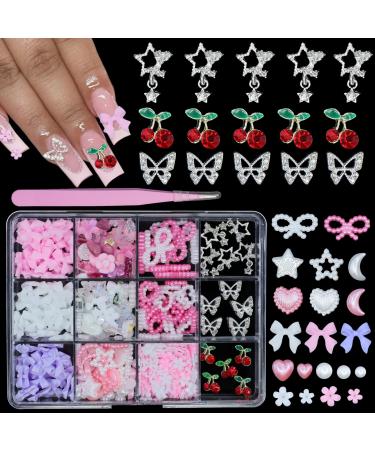 3D Nail Gems Rhinestones Charms Butterfly Star Bowknot Tiny Flower Nail Art Charms Variety Nail Charms Heart Nail Pearls Butterfly Star Cherry Nail Rhinestones Charms for Manicure DIY Accessories