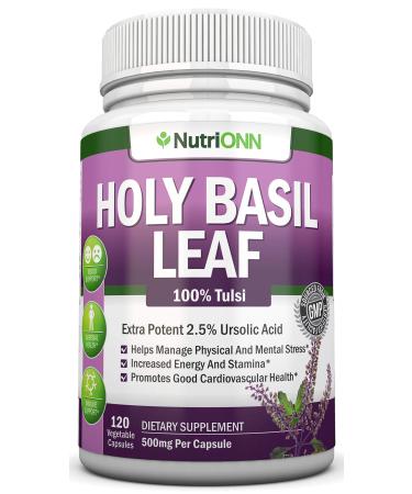 NutriONN Holy Basil Leaf Capsules - 500mg - 2.5% Ursolic Acid - 120 Vegan Capsules - Real Tulsi Extract Supplement - Positive Mindset - Adaptogenic & Ayurvedic Herb