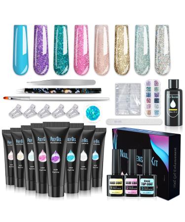 [2021upgrad] Polygel Nail Extension Kit - Easy DIY Nails Art Design Salon UV acrylic Poly Gel Set for Nail Art Beginner, Include 8 Glitte Colors ,5pcs nail tips clip,120Pcs Clear Builder Gel Flat Extra Long Coffin Shape Na…