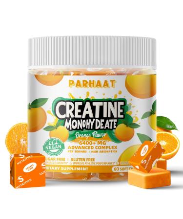 Creatine Monohydrate Chews Complex 6400mg for Men & Women -Advanced Formula W/L-Taurine + Vitamin B12 Sugar Free Chewable Supplement 60 Orange Softchews Orange 60 Count (Pack of 1)