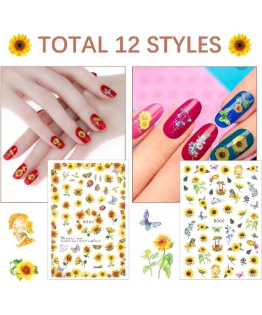 Sunflower & Butterfly Nail Art Stickers - 12 Self-Adhesive Floral Decals for Women and Girls - Buy Online on GoSupps.com