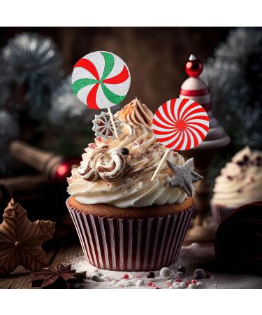 Whaline 24Pcs Christmas Cupcake Toppers Red Green Glitter Xmas Peppermint Candy Cupcake Picks for Xmas Holiday New Year Gathering Celebration Birthday Party Cake Decoration Supplies 8 Styles - Buy Online on GoSupps.com