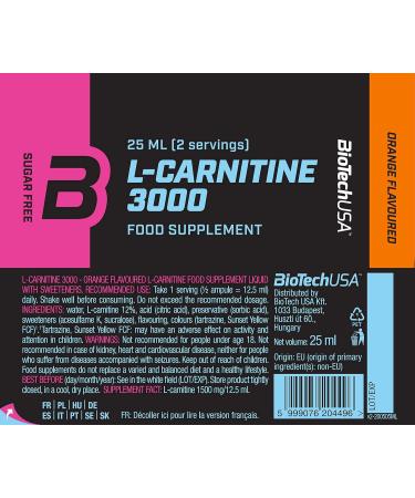 L-Carnitine Ampoule 3000 Orange - High-Dose Energy Shots | BiotechUSA - 20 x 25ml - International Shipping Available - Buy Online on GoSupps.com