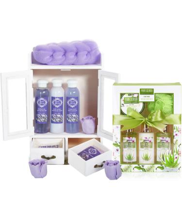 Brubaker cosmetics 2 in 1 care set lavender & aloe vera - large 15 -part wellness set - ladies shower and swimming set - women beauty gift set with decoration wooden cabinet lavender - aloe vera