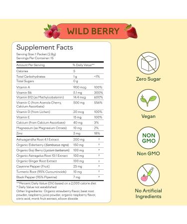 Feel Goods Immunity Icon, Vitamin C Immune Support Powder Packets - 500mg Vitamin C, Elderberry, Ginger, Turmeric & Key Vitamins for Daily Immune Health - Sugar-Free & Caffeine-Free Drink Mix Packets Wild Berry 15 Servings  - Buy Online on GoSupps.com