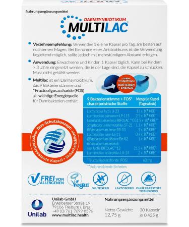 Multilac Synbiotic - 30 Vegan Capsules for Intestinal Health & Strong Immune System | 9 Bacterial Strains & Fructoligosaccharides - Buy Online on GoSupps.com