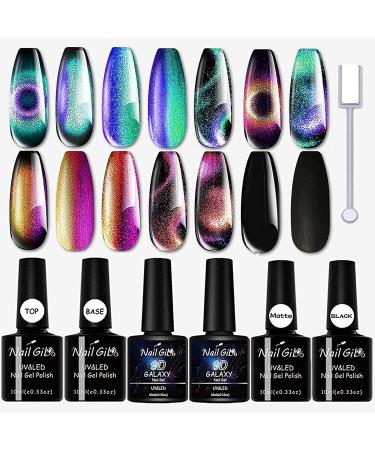 9D Cat Eye Gel Polish  Dual Colors Cat Eye Gel Nail Polish Set with Magnet Stick  Holographic Chameleon Gel Polish with Base Top Matte Top Coat Gel Professional Use for Salon- Set B 9D Set-B