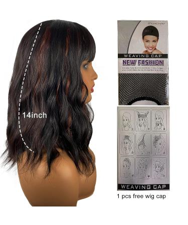 MIMISERVICE Wavy Bob Wig with Bangs - Black/Brown Highlights, 14 Inch Natural Looking Shoulder Length Curly Synthetic Hair Wig for Women - Buy Online on GoSupps.com