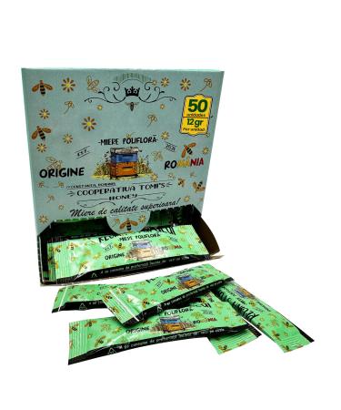 Propol-mel - Polyfloral Honey in Monodose Sticks | 12g x 50 Units | 100% Natural and Pure from Romania | Soft and Light | Ideal for Tea, Coffee, Desserts and More