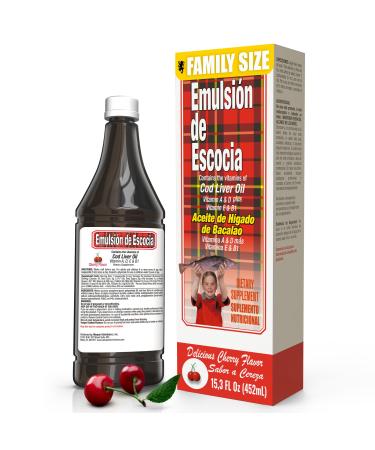 Emulsi n de Escocia with Cod Liver Oil Cherry Flavor Vitamins A D E & B1 for Immune and Liver Support Liquid Supplement for Kids 15.3 Fl Oz | 1-Pack Cherry 15.3 Fl Oz