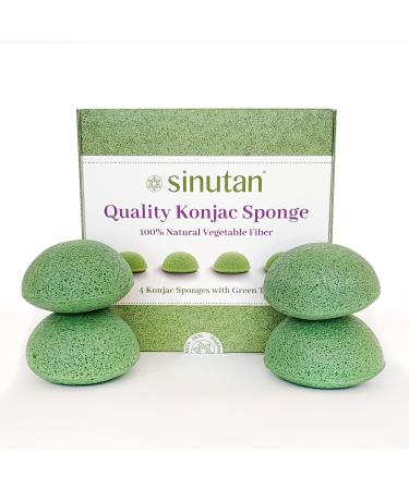 SINUTAN Konjac Face Sponge 100% Natural Green Tea (Set of 4) Konjac Round Sponge for Exfoliation and Deep Pore Cleansing Loofah Mix Color Puff Style