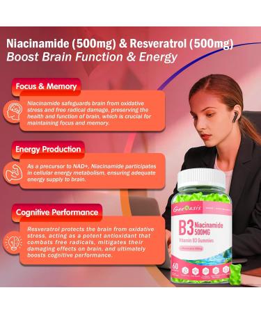 Geeoasis Niacinamide 500mg Gummies Chewable Vitamin B3 Supplement with Resveratrol 500mg High Potency Niacin for Antioxidant Skin & Brain Health Immune Support Vegan Apple Flavor 60 Count - Buy Online on GoSupps.com