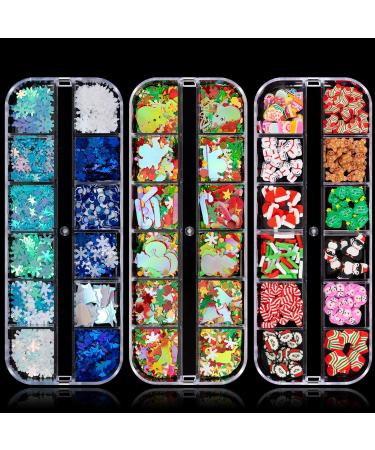 Noverlife 36 Grids Christmas Nail Art Sequins, 3D Holographic Laser Snowflake Star Holiday Nail Glitters, Xmas Nail Clay Slices, Manicure Sparkly Confetti Nail Flakes Nail Decals Paillettes Holiday - Nail Art Sequins - 36
