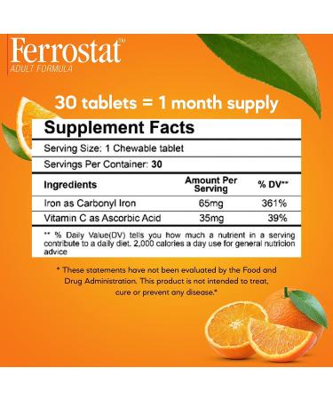 Ferrostat 65mg Chewable Iron Supplement with Vitamin C | 30-Day Supply for Bariatric Patients | Non-Constipating Vegan Iron - Orange Flavor - Buy Online on GoSupps.com