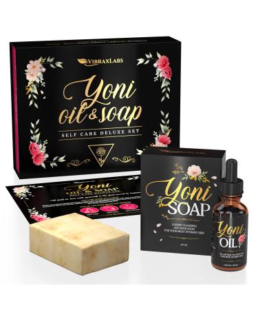 Yoni Oil & Yoni Soap 2 Piece Set  4 Oz. Calendula Scented Feminine Intimate Wash Natural Bar Soap & 1 Oz. Rose Scented Vaginal Oil Bundle for pH Balance & Reducing Vaginal Dryness and Odor  Feminine Hygiene Products Down Wash by Vibraxlabs