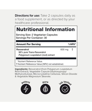 Highly Purified 98% Trans-Resveratrol Capsules - 60 Count - Pure and Bioavailable Resveratrol Supplement - Buy Online on GoSupps.com