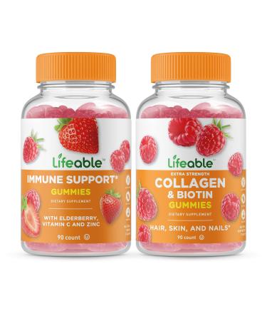 Lifeable Immune Support + Collagen & Biotin Gummies Bundle - Great Tasting Vitamin Supplement Gluten Free GMO Free Chewable Gummy